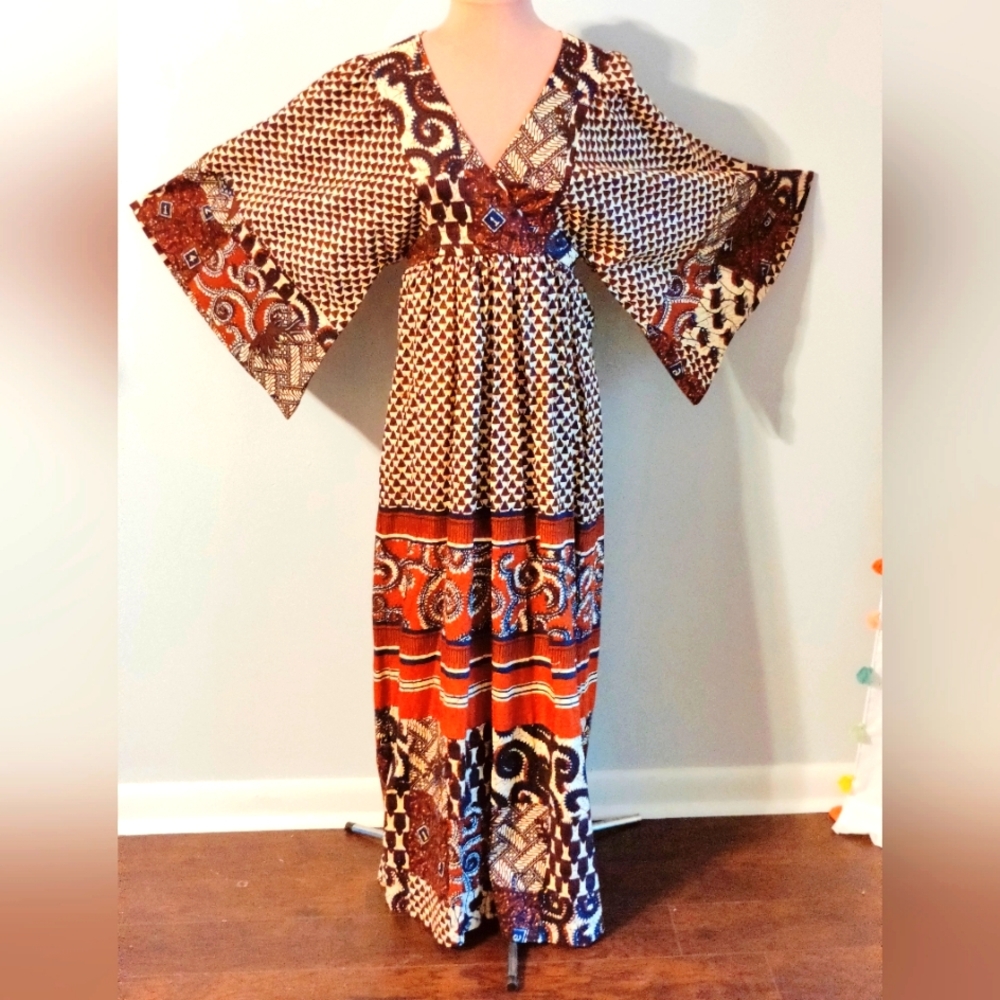 Indian block print Maxi Dress Butterfly Sleeves 70s Vintage natural cotton SM - Picture 4 of 15